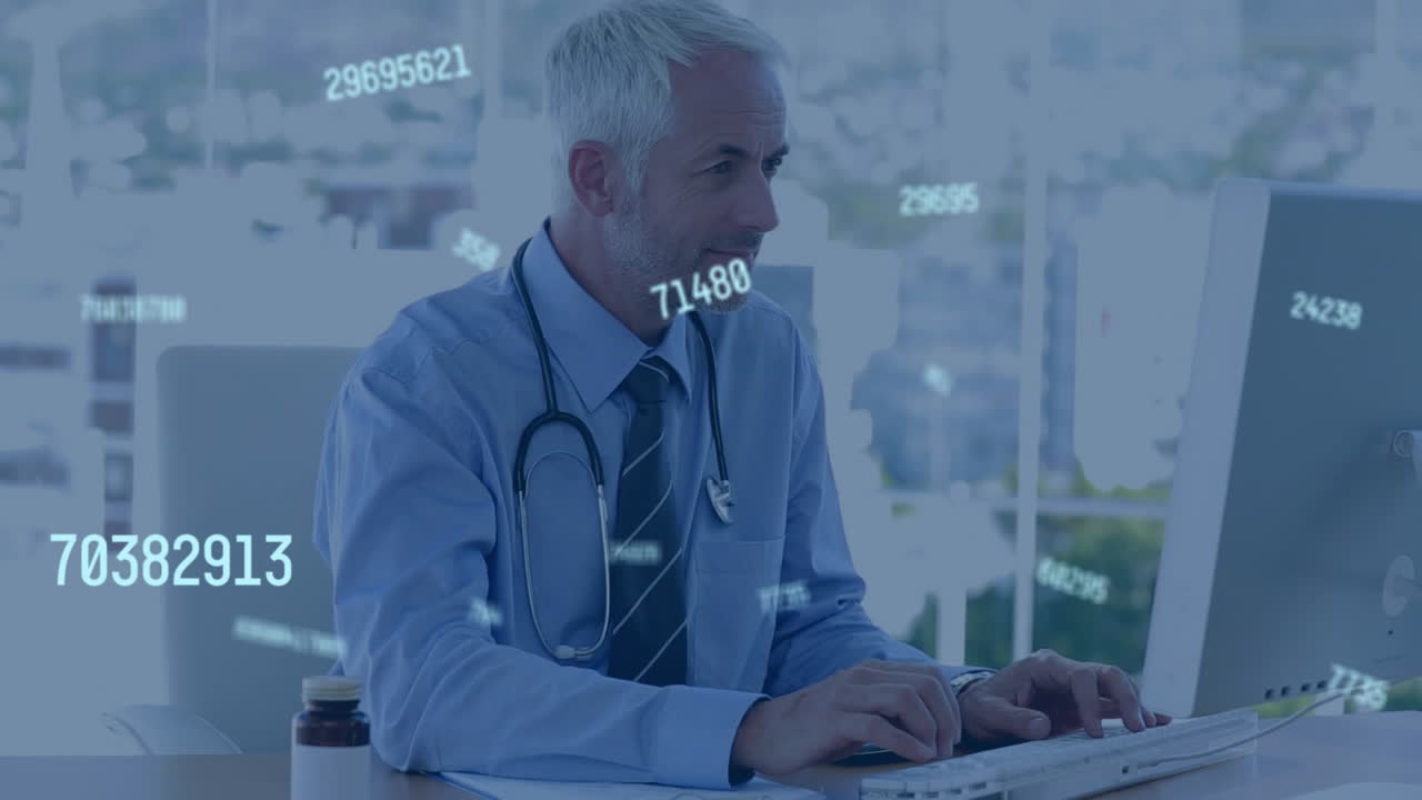 animación de números cambiando sobre el médico masculino usando computadora