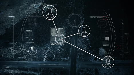 animation of network of connections with people icons and data processing