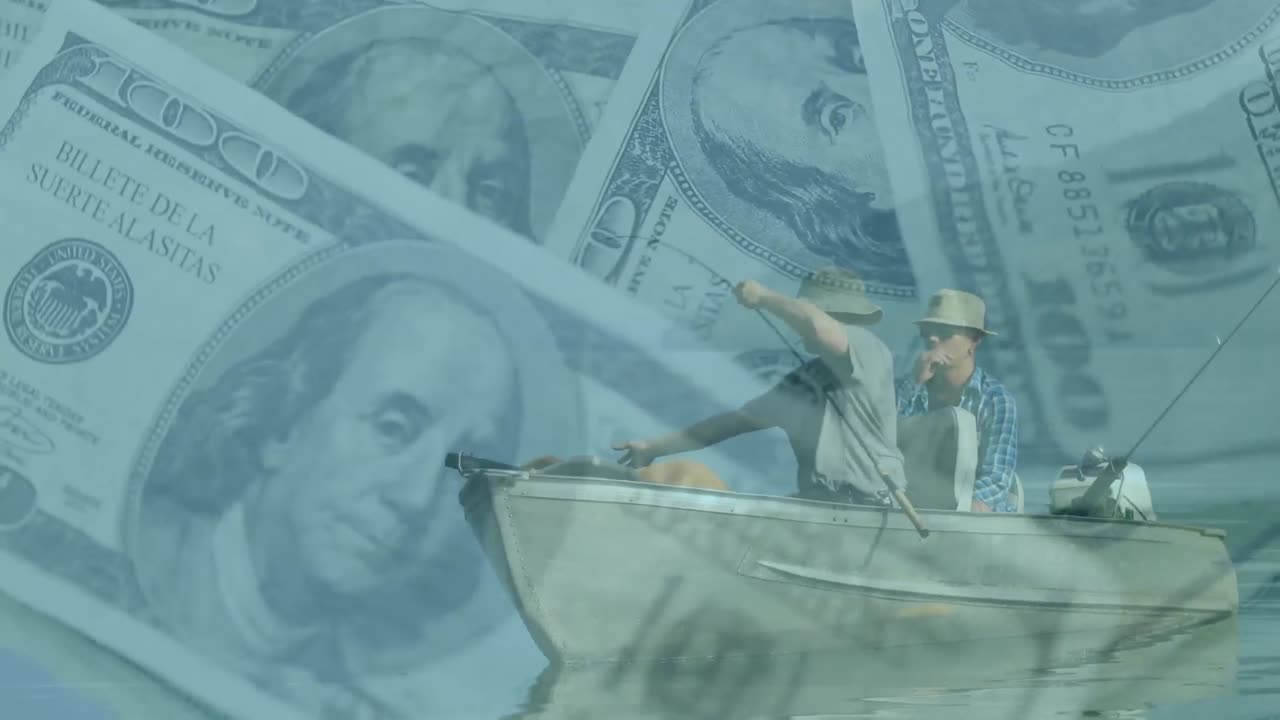 video compuesto digital de dos pescadores pescando contra billetes de dólar estadounidense girando
