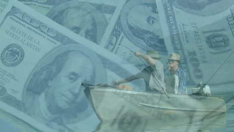 Vídeo-Compuesto-Digital-De-Dos-Pescadores-Pescando-Contra-Billetes-De-Dólares-Americanos-Girando