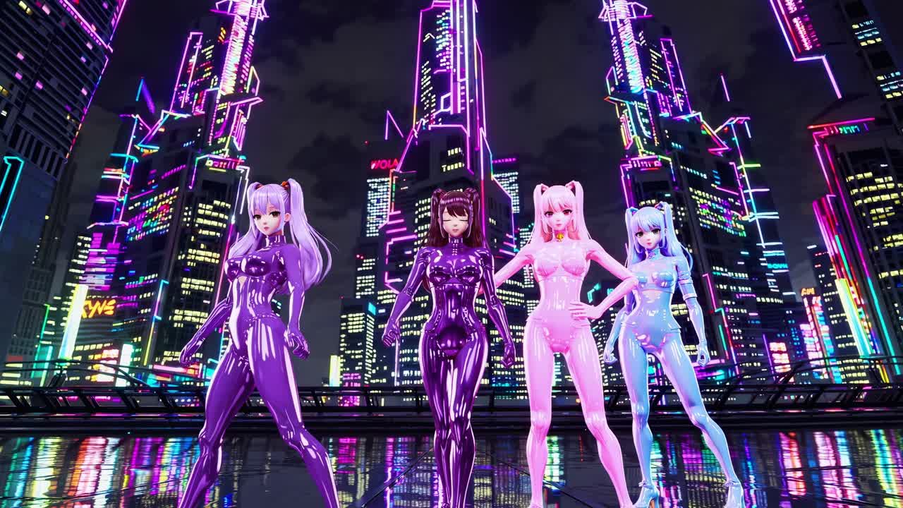 Four female superheroes wearing colorful latex suits are posing on a rooftop with a futuristic neon lit cityscape in the background at night