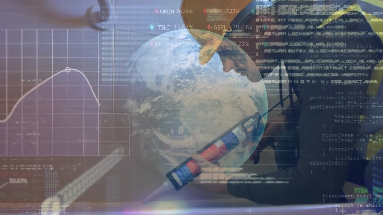 ecuaciones matemáticas en el trabajador del sitio usando pistola de pegamento sobre el planeta tierra.