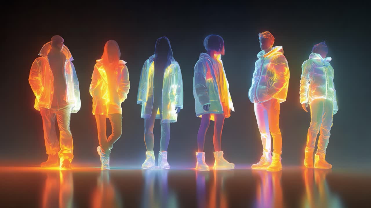 A Dynamic Transformation of Six Stylized Figures Showcasing Colorful and Ethereal Fashion Forward Looks, Transitioning from Casual Poses to Bold Stances, Enhanced by Spectacular Neon Glow Effects