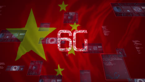 animation of 6g text, data processing and scopes scanning on screens over chinese flag