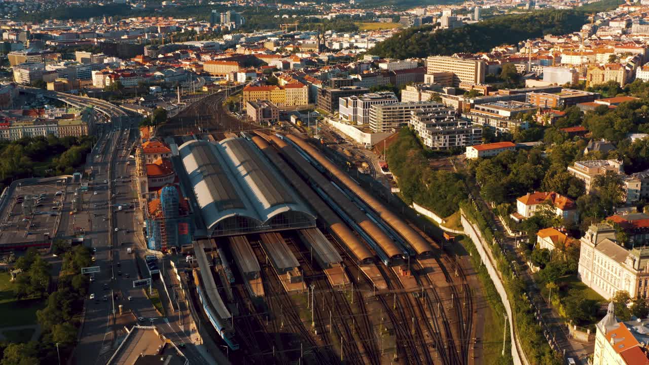 Aerial Drone view of the Central Train Station of Prague in summer holiday, sustainable travel, hlavni nadrasi