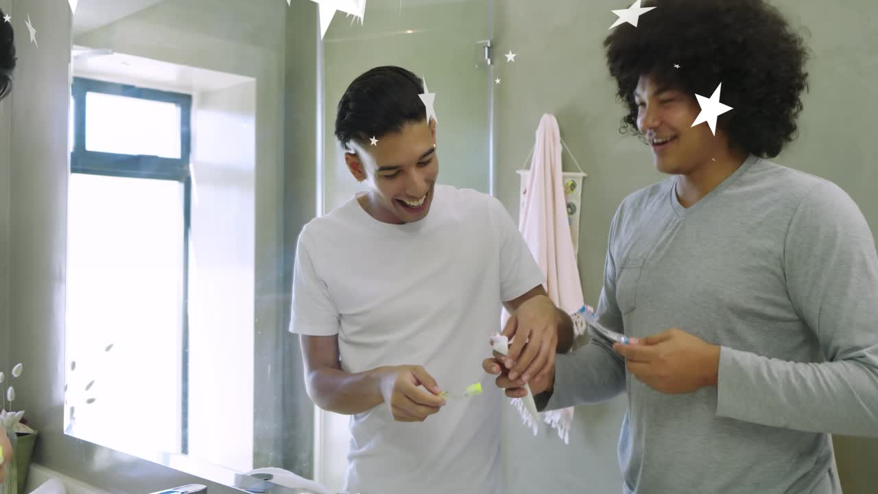 Two men smiling at mirror and taking brushes, adding paste, brushing and styling hair for grooming