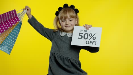 Pupil-girl-with-shopping-bags-showing-Up-To-50-percent-Off-banner-text-advertisement.-Holiday-sale