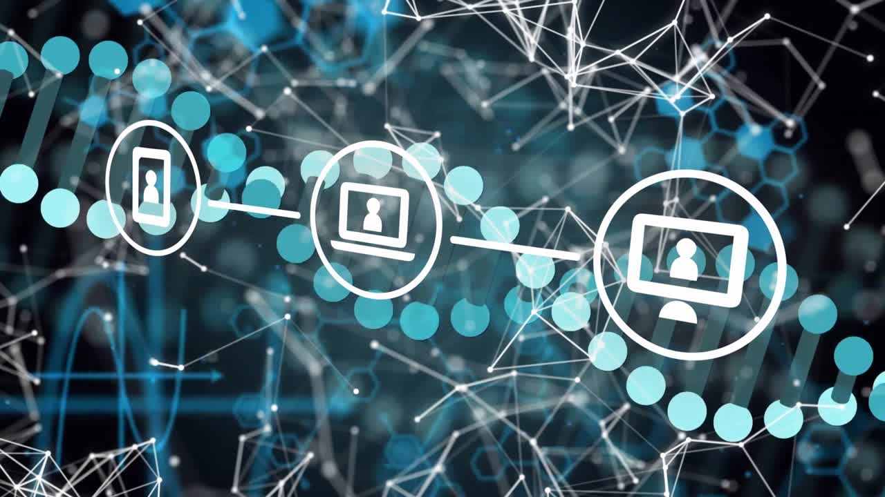 Wireframe grid appearing with code streaming, lock and device icons linking into glowing data path