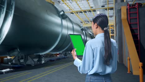 back view of asian business woman using tablet with mock up green screen in pipe manufacturing factory