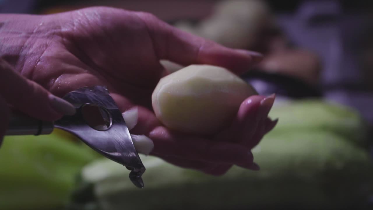 Women's hands wash, peel and cut vegetables into vegetable stew