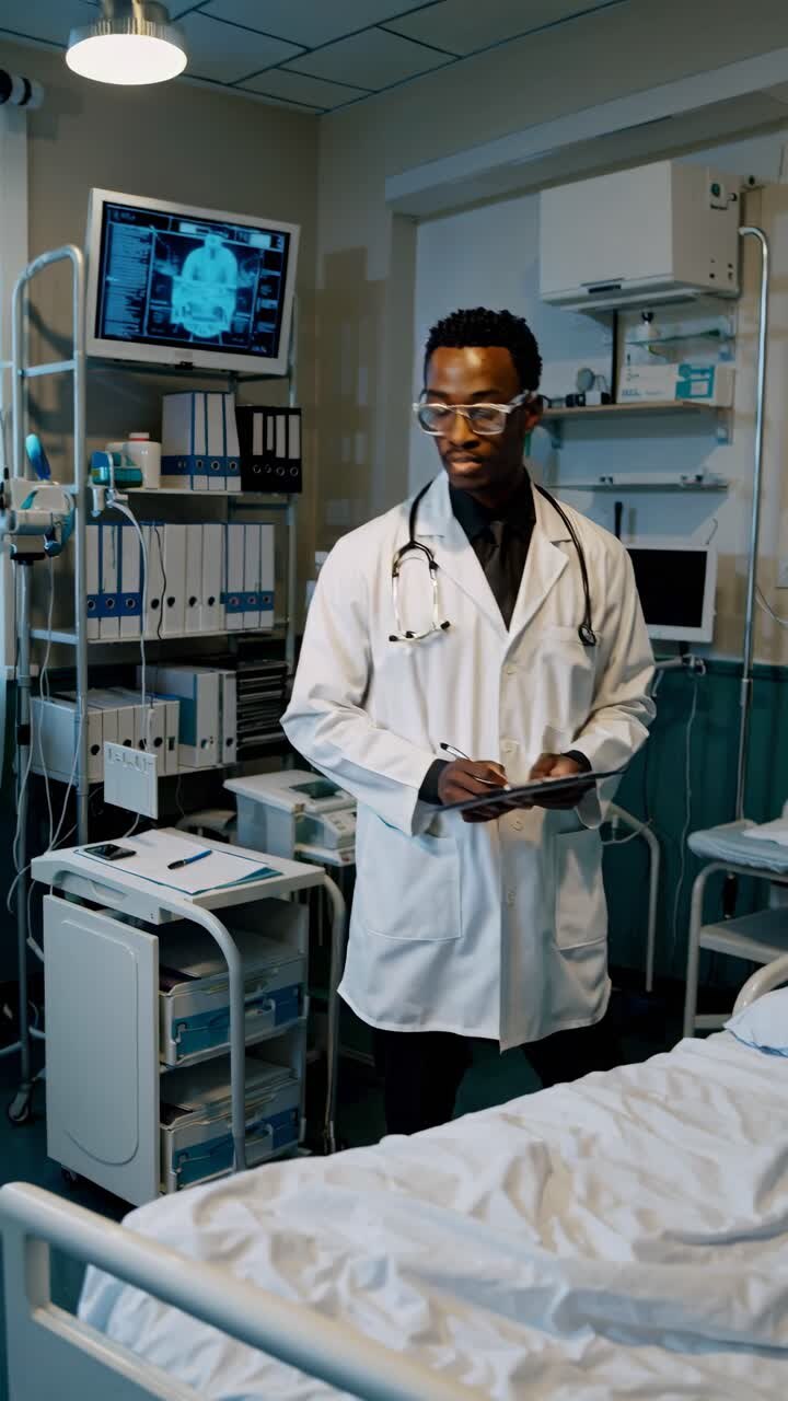 A doctor in a lab coat and glasses stands in a hospital room, holding a clipboard