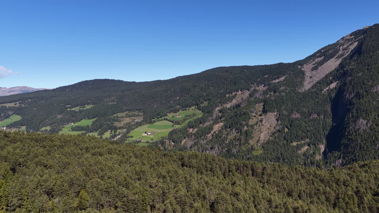 Aerial drone video featuring a revealing shot from behind pine trees, showcasing a mountain view in Switzerland. Iconic landscape, aerial reveal technique, and natural beauty