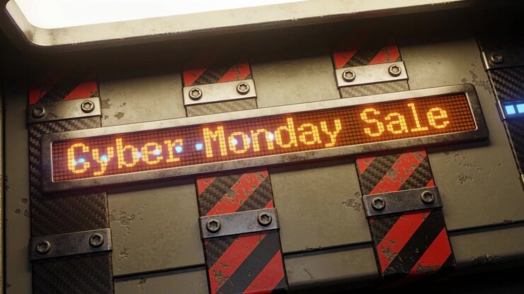 Showing amber LED sign reading Cyber Monday Sale flickering as blue scan moving left settling crate