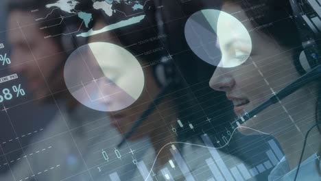 Animation-of-financial-data-processing-over-diverse-business-people-with-headsets