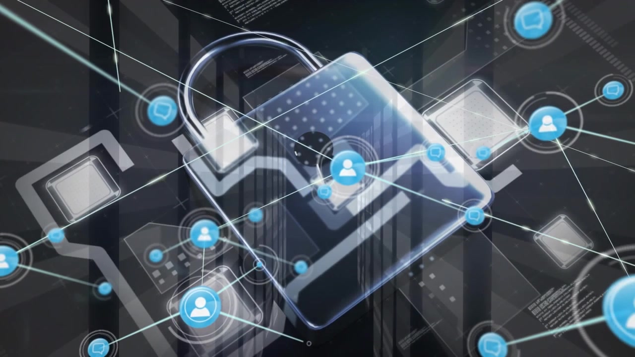 Animation of connected profile icons on padlock, lines moving around squares and computer language