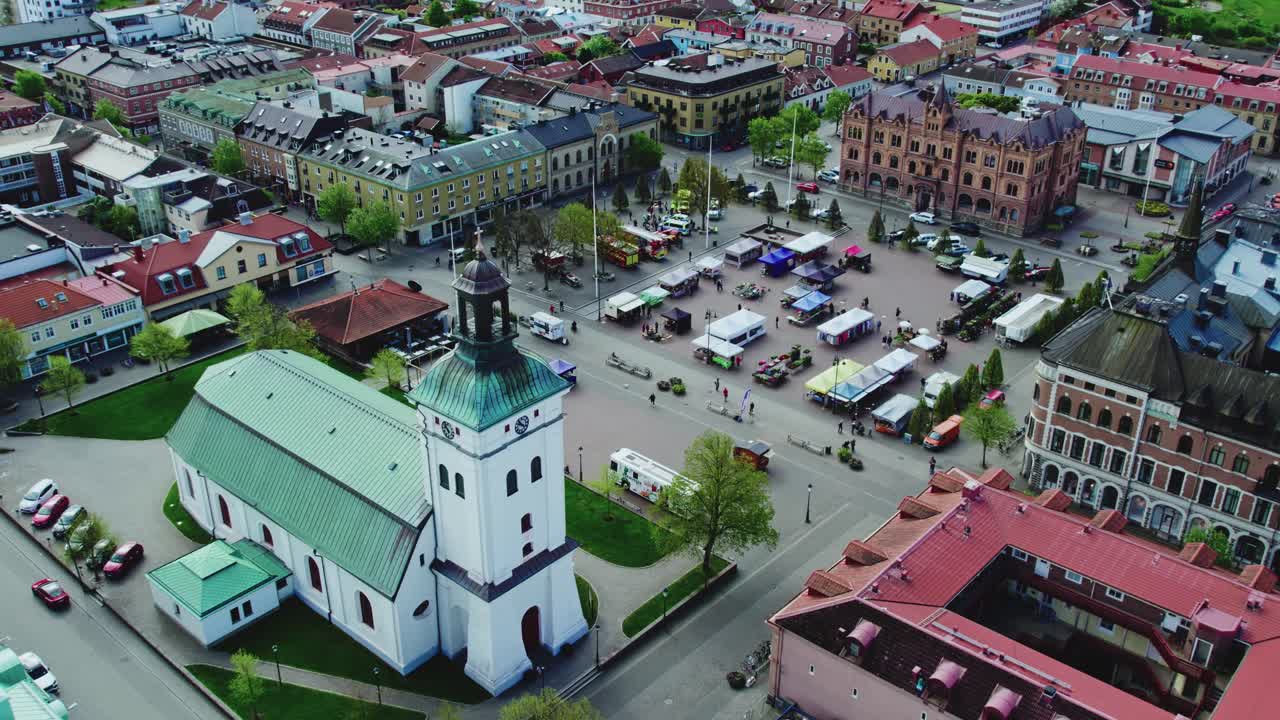 Market at Varberg Square, Sweden. Aerial view at day time