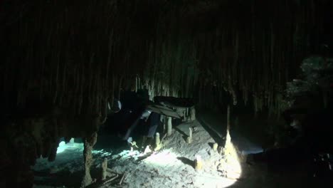 cave divers swim through a wall of stalactites