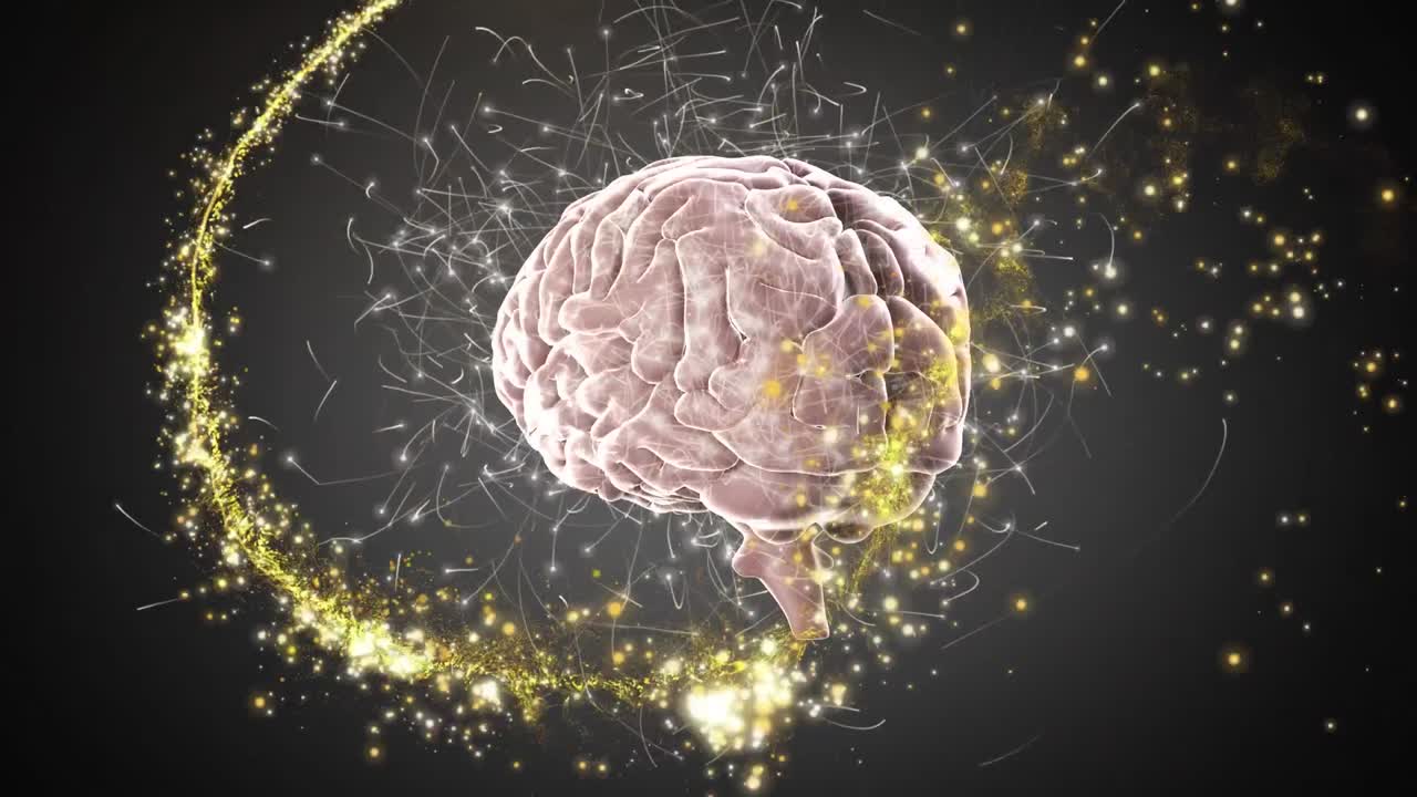animación digital de una estrella fugaz dorada sobre el cerebro humano giratorio contra un fondo gris