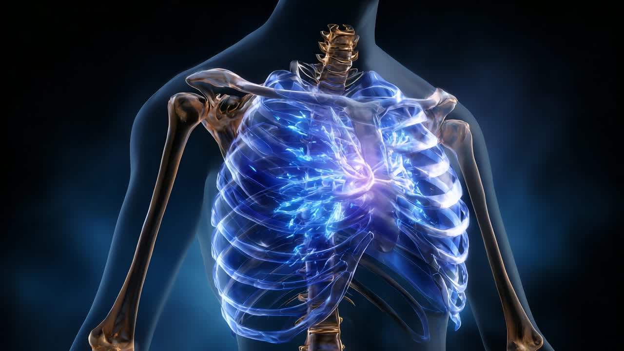 A Detailed Exploration of the Human Torso Showcasing a Luminous Heart and Lungs Illuminated by Electric Energy, Highlighting the Complexity of Anatomy and Vital Organs in an Artistic Perspective