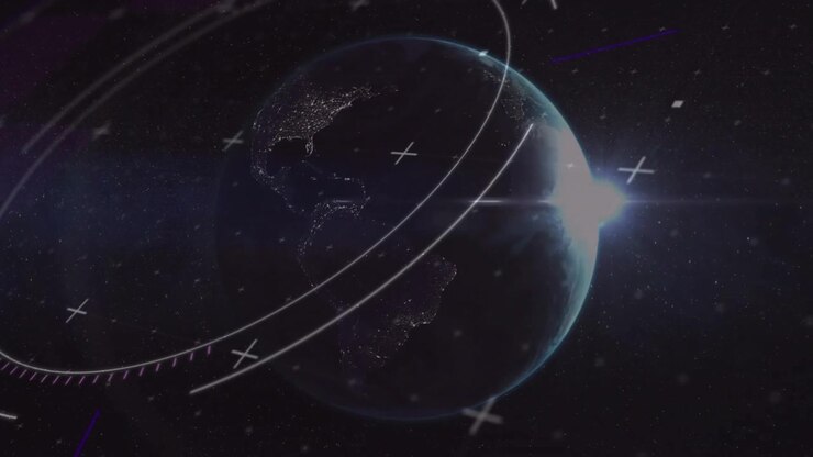 At animation start 3D Earth globe rotating east with intensifying lens flare revealing city lights