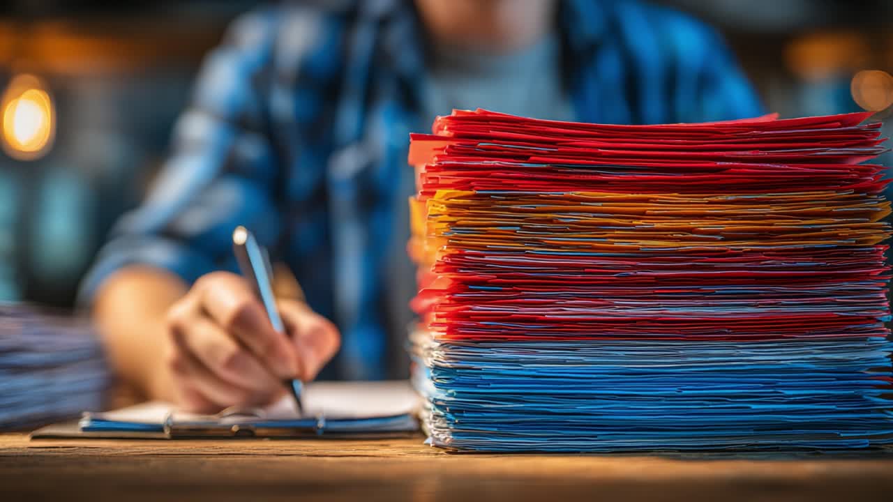 A Focused Individual Engaging in Document Organization, Surrounded by Stacks of Colorful Papers on a Wooden Desk in a Warm and Inviting Workspace Setting