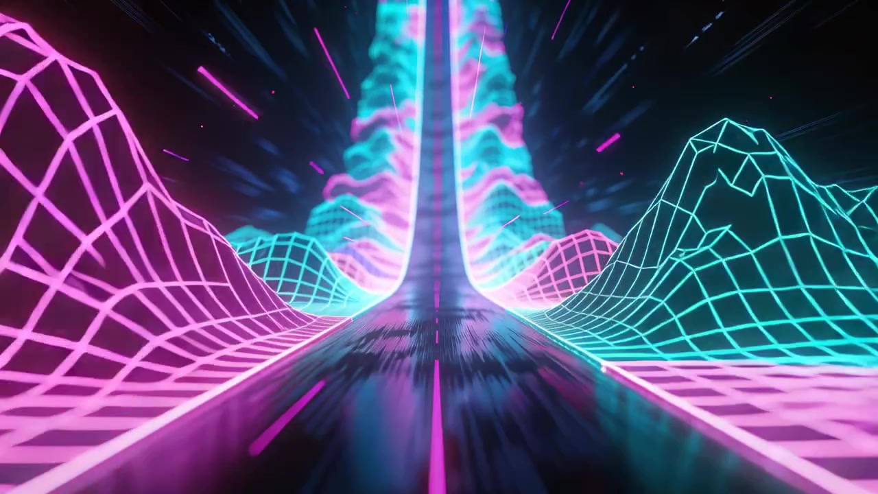 Strada lucida che avanza verso una colonna luminosa in un tunnel al neon mentre la sequenza inizia con una linea magenta