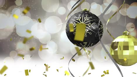 Animation-of-confetti-over-christmas-baubles