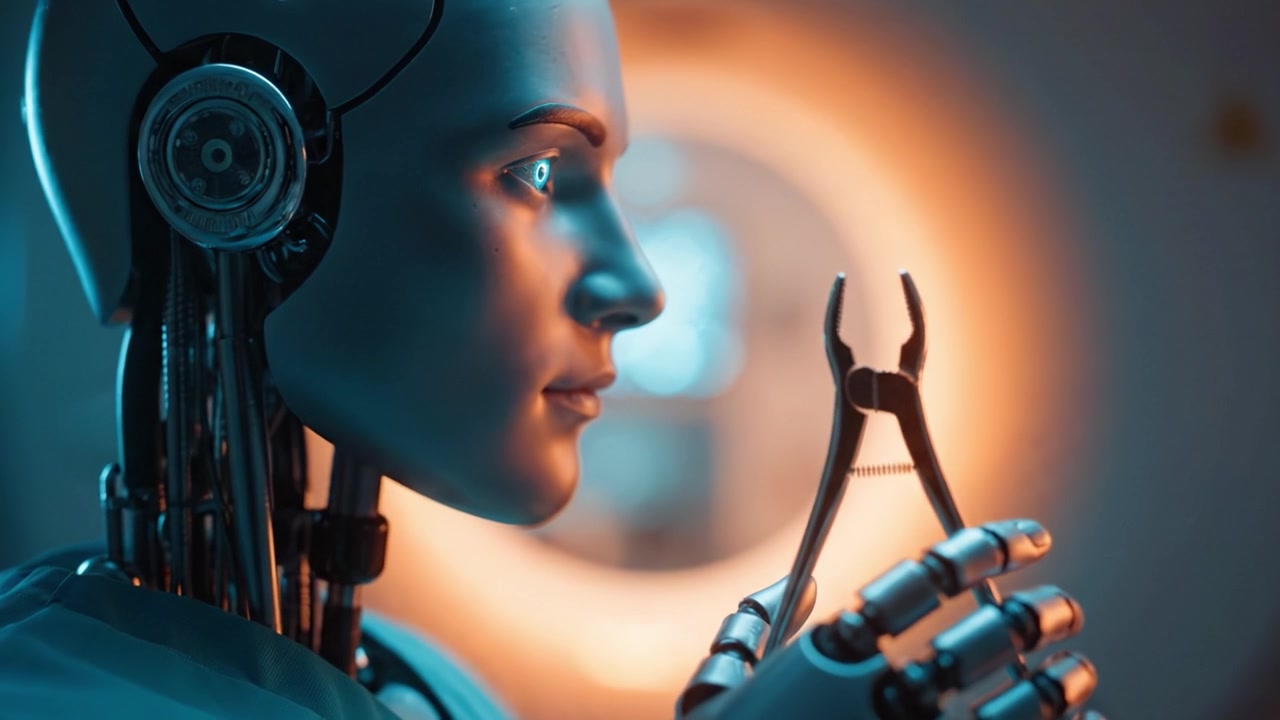 Chirurgo robotico futuristico che impugna strumenti chirurgici in un ambiente medico ad alta tecnologia: uno sguardo alle innovazioni avanzate nella robotica e nell'assistenza sanitaria assistita dall'IA.