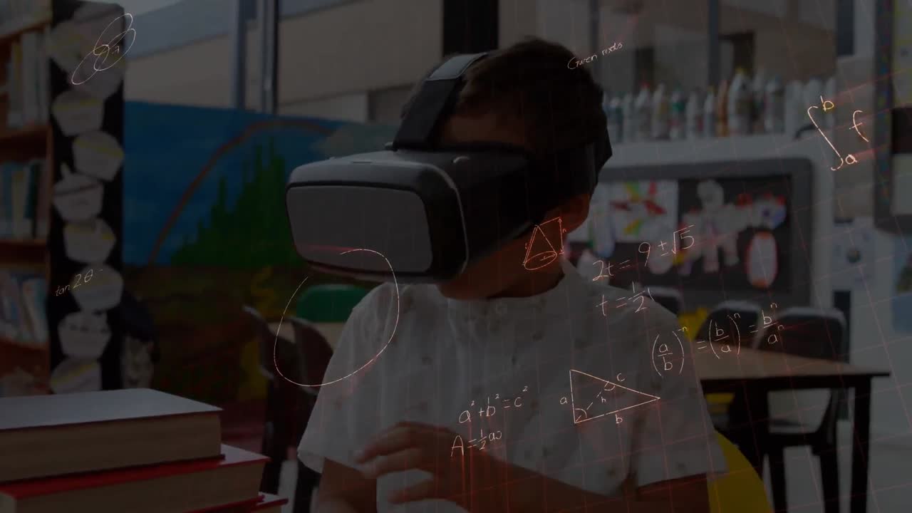 animación de fórmulas matemáticas sobre un escolar usando auriculares vr