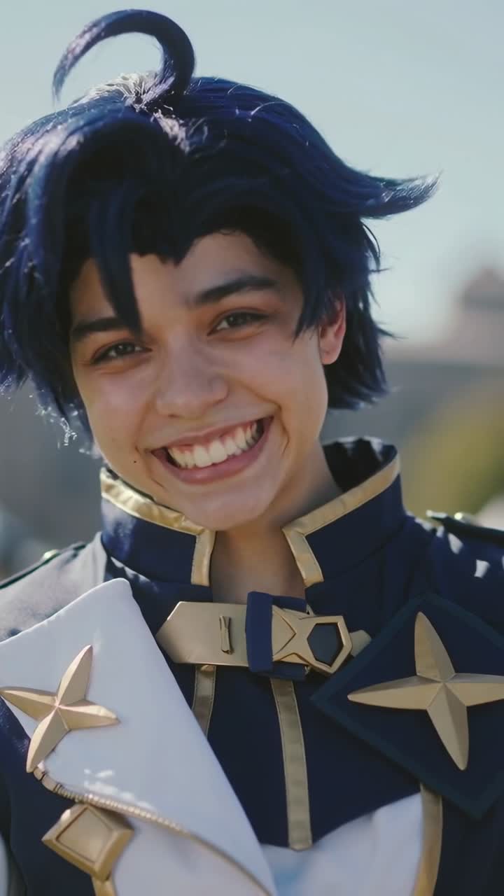 Video verticale: Cosplayer sorridente per la telecamera all'aperto, la brezza le solleva un ricciolo della parrucca, indossa un cappotto blu navy con stelle dorate.