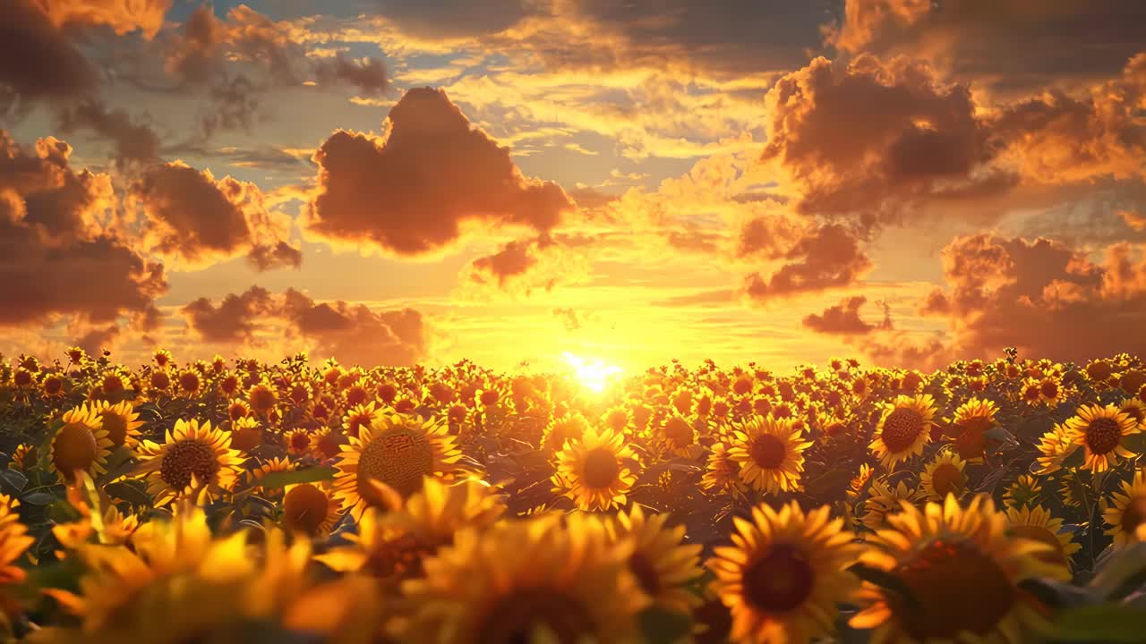 A wide-angle video captures a vibrant sunflower field at sunset, with dramatic clouds and warm light