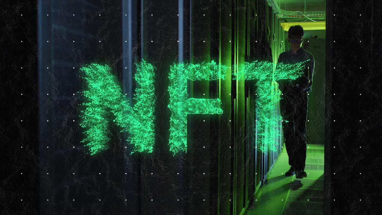 Animation of nft text, data processing, asian male it engineer over computer servers