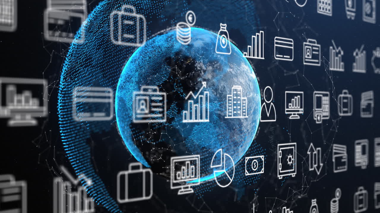 animación de la red de iconos digitales y procesamiento de datos en todo el mundo