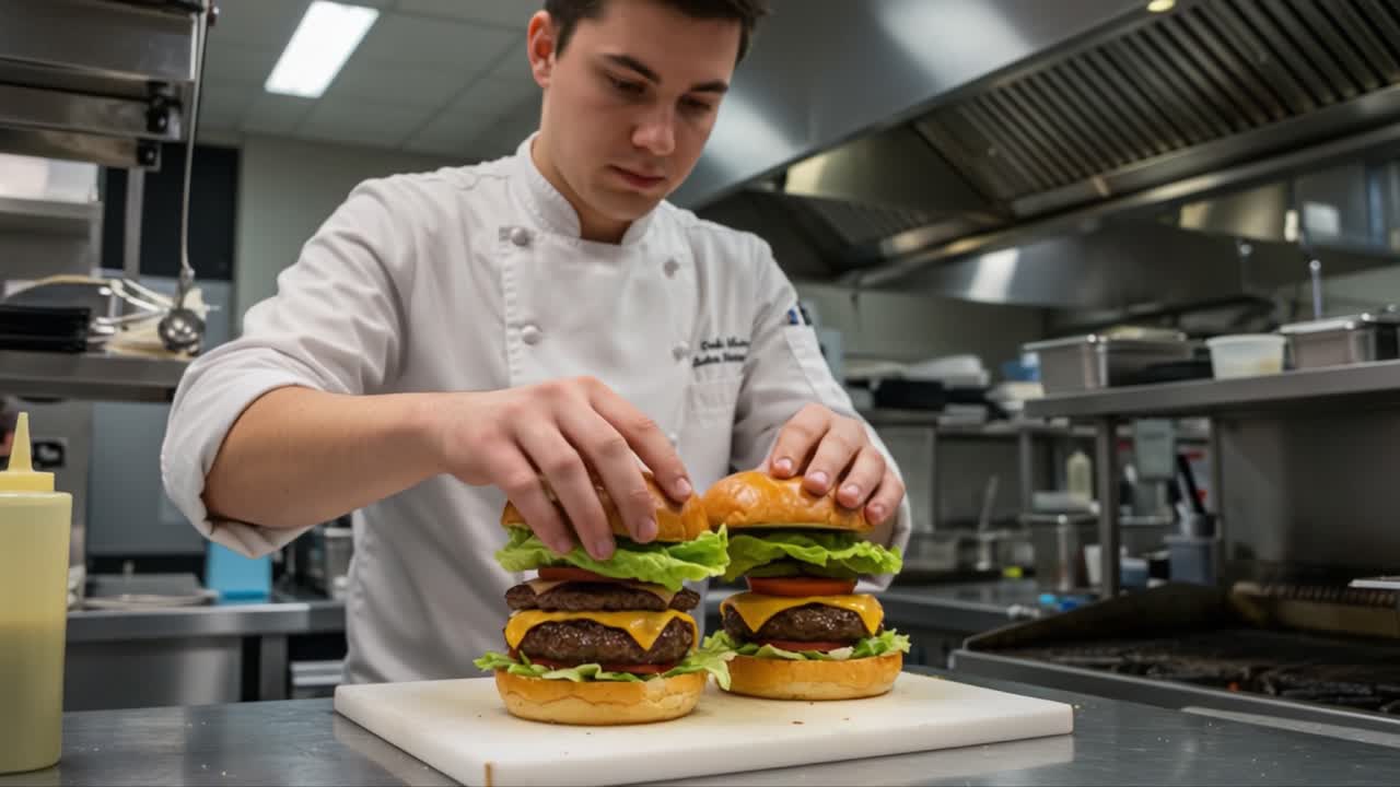 Expert Chef Assembles Towering Gourmet Burgers in a Professional Kitchen, Showcasing Culinary Skills and Attention to Detail in Food Presentation