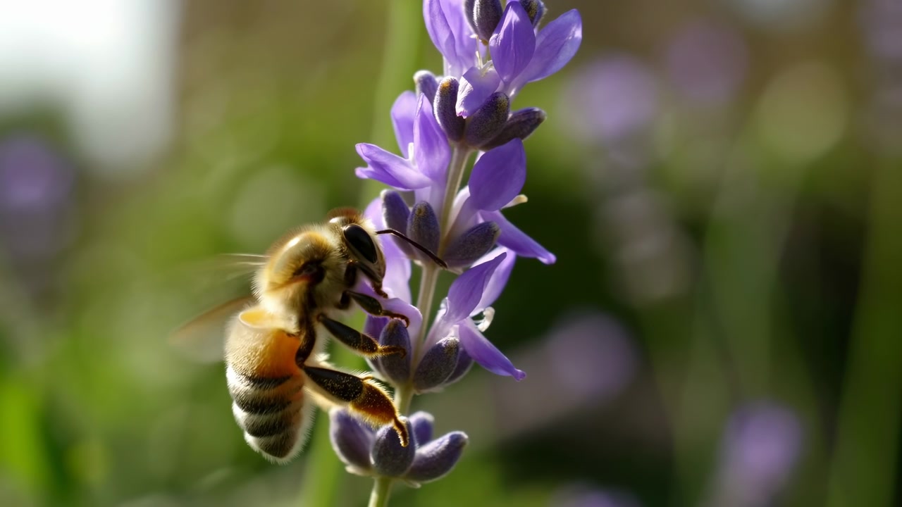 Een close-up van een bij die nectar verzamelt van een paarse lavendelbloem, met zachte groene en violette tuintinten vervaagd op de achtergrond onder natuurlijk daglicht
