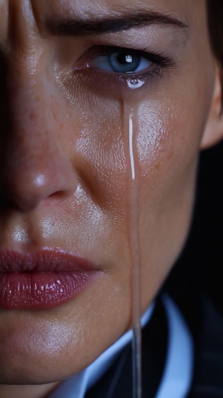 Intense Emotional Expression Captured in Close-Up with Focus on Tear Streaming Down Face, Highlighting Vulnerability and Raw Human Emotion in Dramatic Lighting