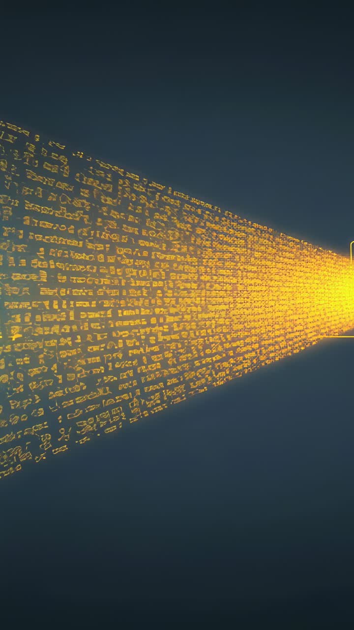 Vertical video: Streaming beam of golden glyphs flowing through virtual tunnel toward terminal