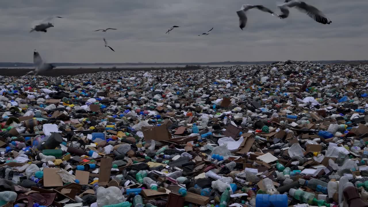 Wide-angle shot of a landfill with scattered trash and flying seagulls under a cloudy sky