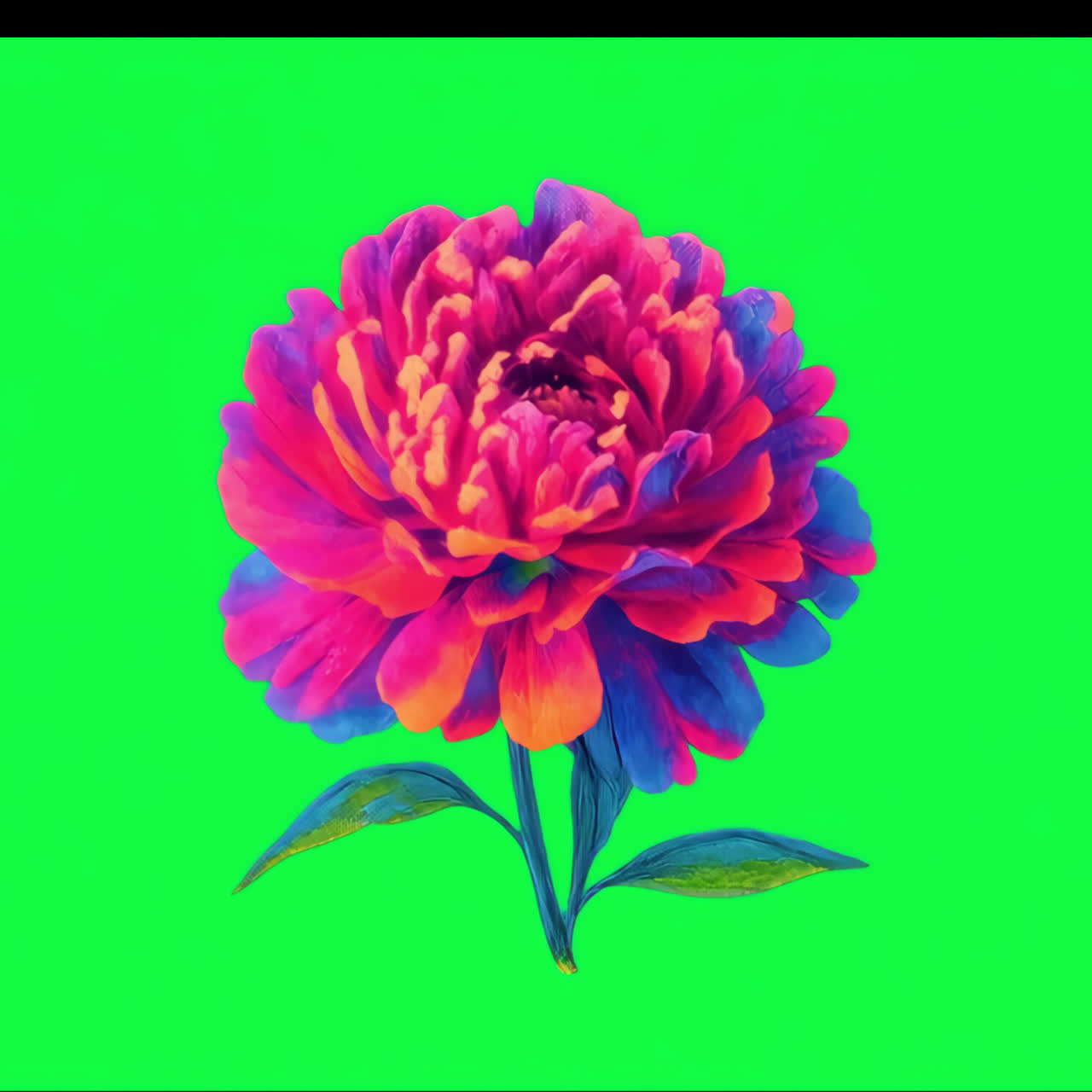 Vibrant colorful peony illustration animation isolated asset, transparent 4K video, alpha channel