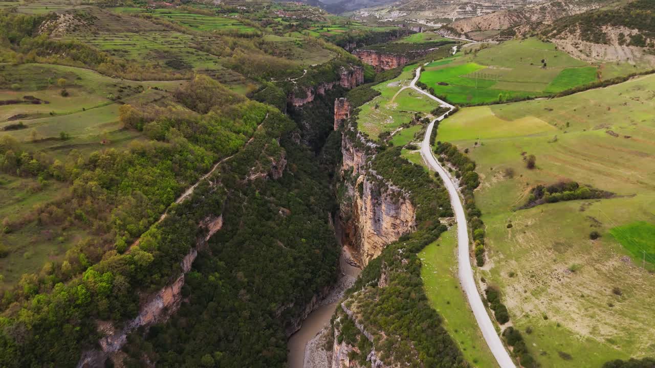Scenic aerial view of Osum Canyon Albania with winding road, peaceful setting