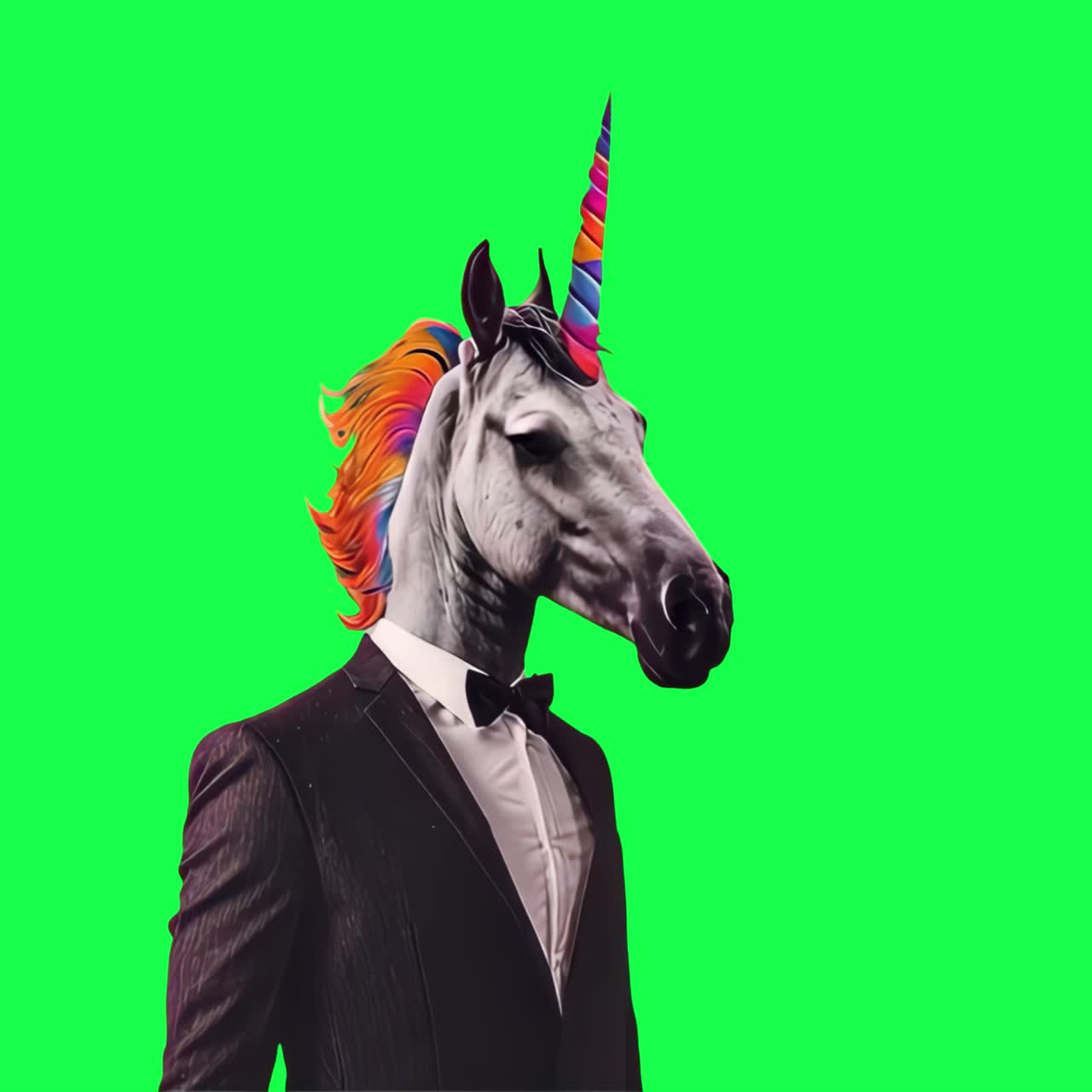 Surreal unicorn in formalwear animation, transparent 4K video, green screen