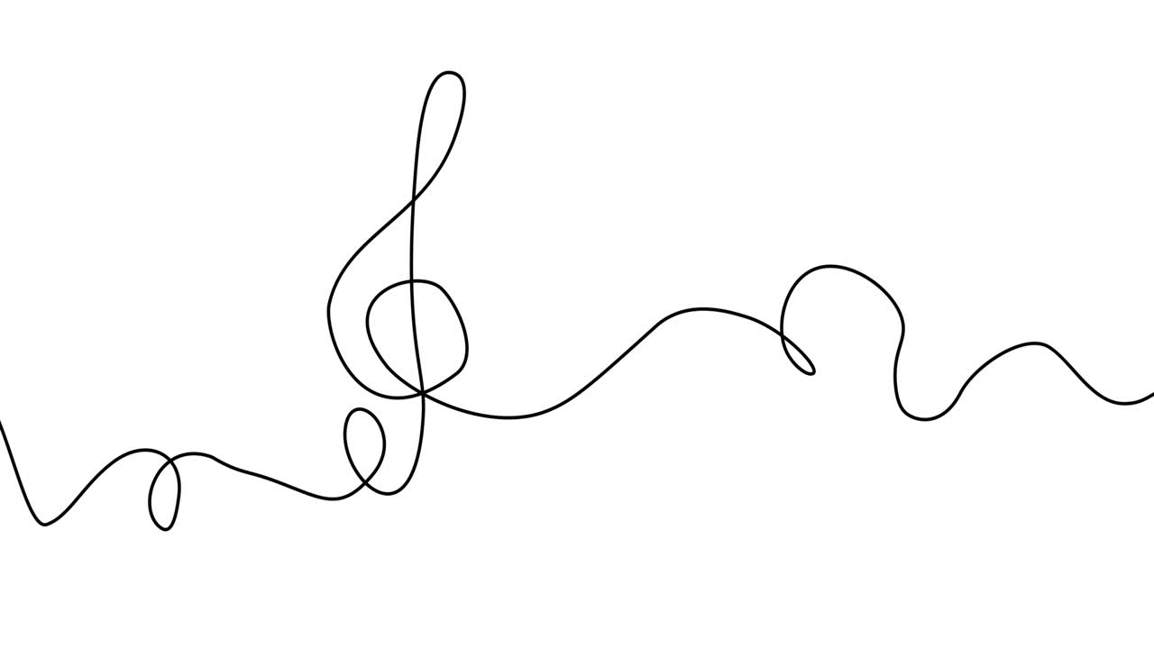 Self drawing treble clef. Simple animation of single continuous one line drawing of treble clef. Sketch animation black lines on white. Music notes. Alpha channel. Video 4k for dynamic web design
