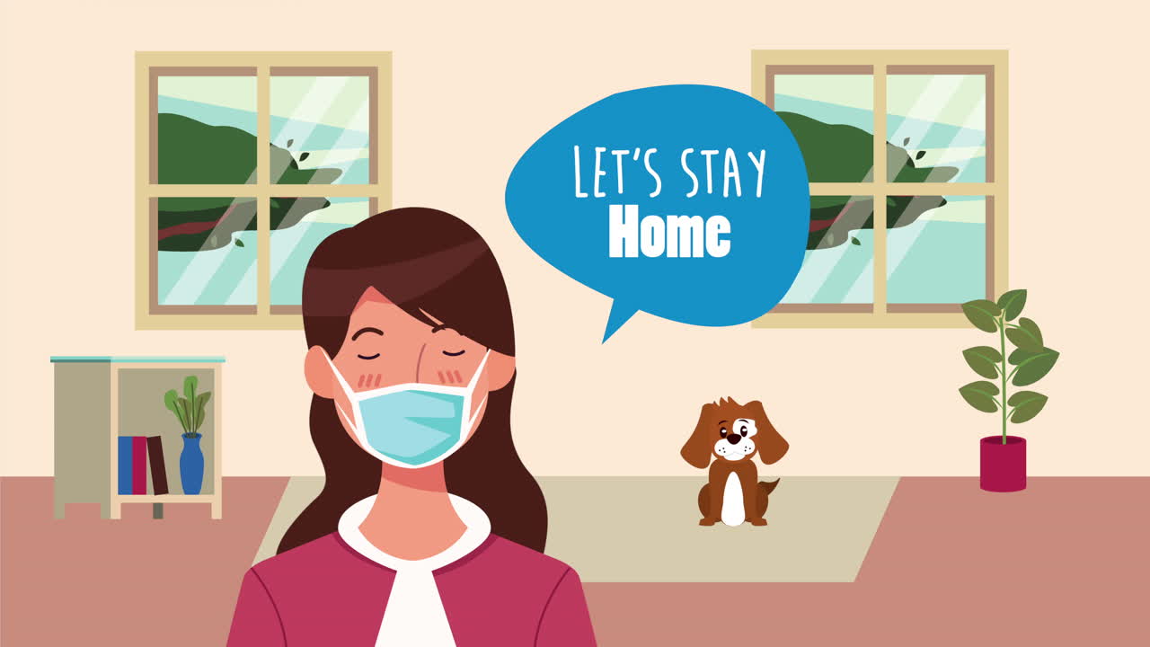 얼굴 마스크를 착용하는 여성과 함께 집에 머무르기 캠페인