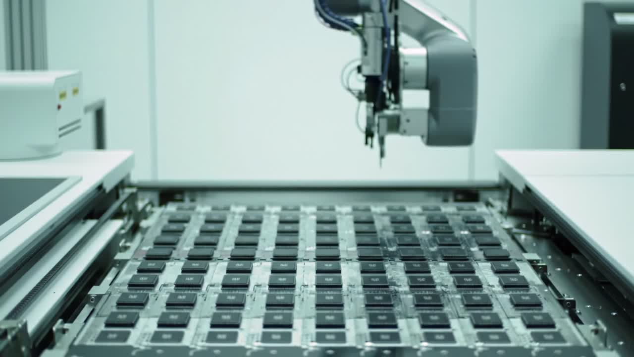 Advanced Robotic Arm Operates in a High-Tech Manufacturing Environment, Efficiently Handling Precision Components on a Worktable