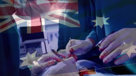 Animation-of-flag-of-australia-waving-over-surgeons-in-operating-theatre