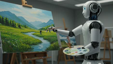 a robotic artist captivates with masterful brushstrokes: creating a serene landscape of mountains and rivers on canvas in an artistic studio environment
