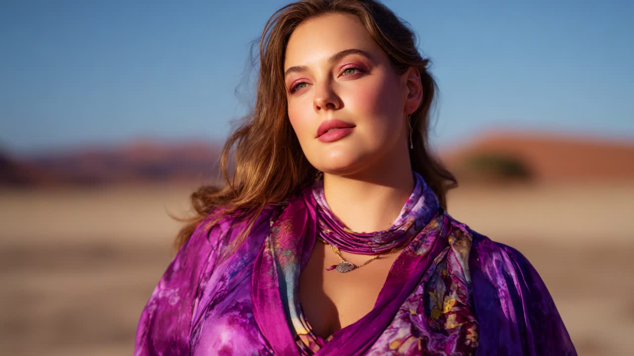 Una splendida donna con un vivace abito viola che posa con eleganza sullo sfondo di un meraviglioso paesaggio desertico al tramonto, che illumina la sua naturale bellezza ed eleganza