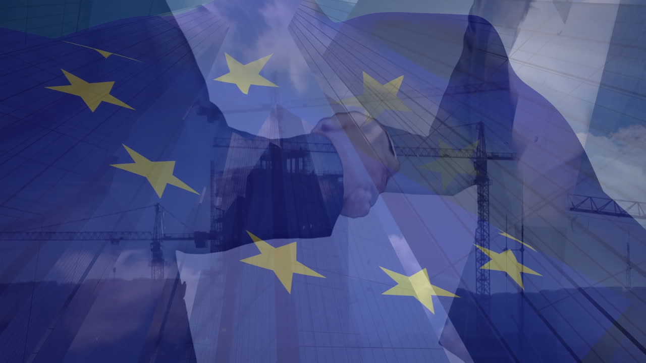 유럽 연합의  ⁇ 발이 도시 풍경 위에서 흔들리는 애니메이션