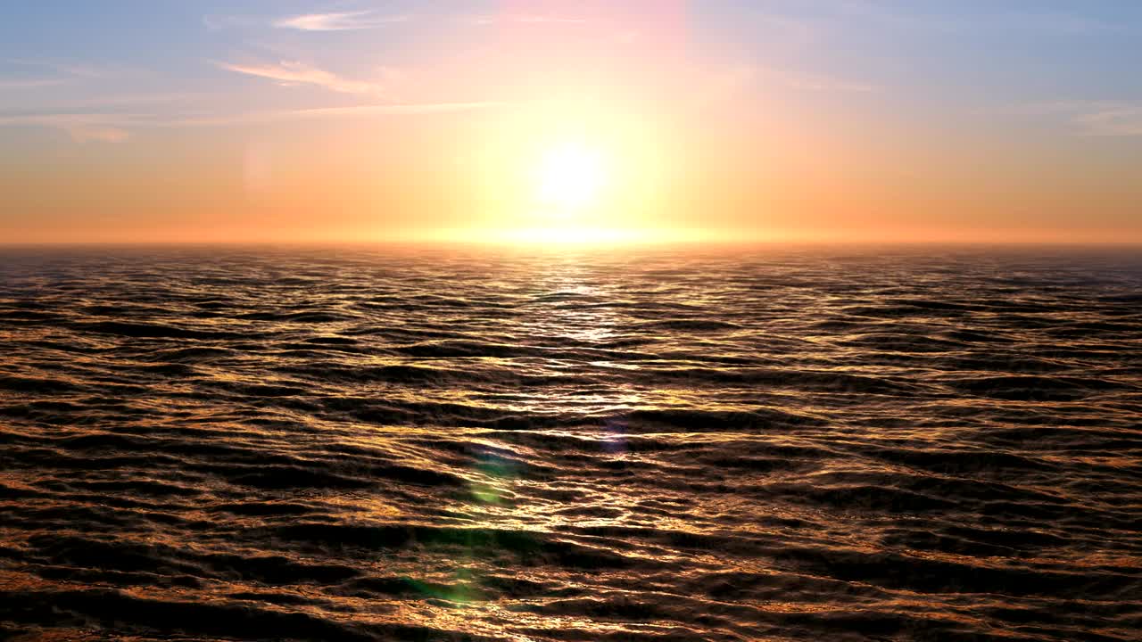 바다에서 아름다운 해가 지는 3d 애니메이션, 불로 밝게 빛나는 태양.