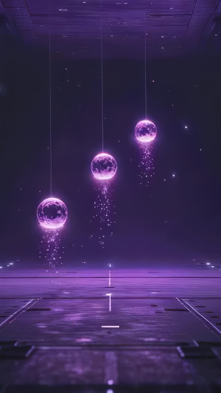 Vertical video: Looping three purple spheres shifting into line in scifi chamber with particles